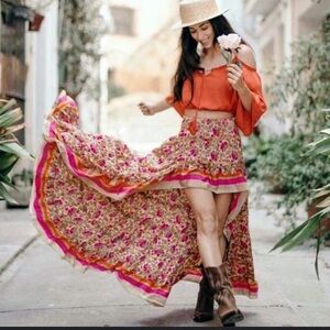 Hippie Love Floral Printed Maxi Ruffle Skirt pink blue green tones open front L